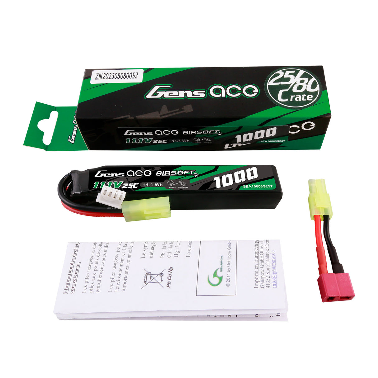 Gens ace 25C 1000mAh 3S1P 11.1V Airsoft Gun Lipo Battery with mini Tamiya Plug