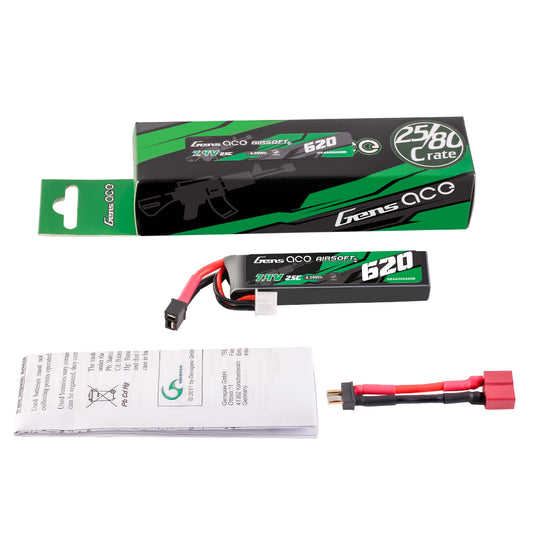 Batterie Lipo pour pistolet Airsoft Gens ace 25C 620mAh 2S1P 7.4V avec prise Mini Deans (T)