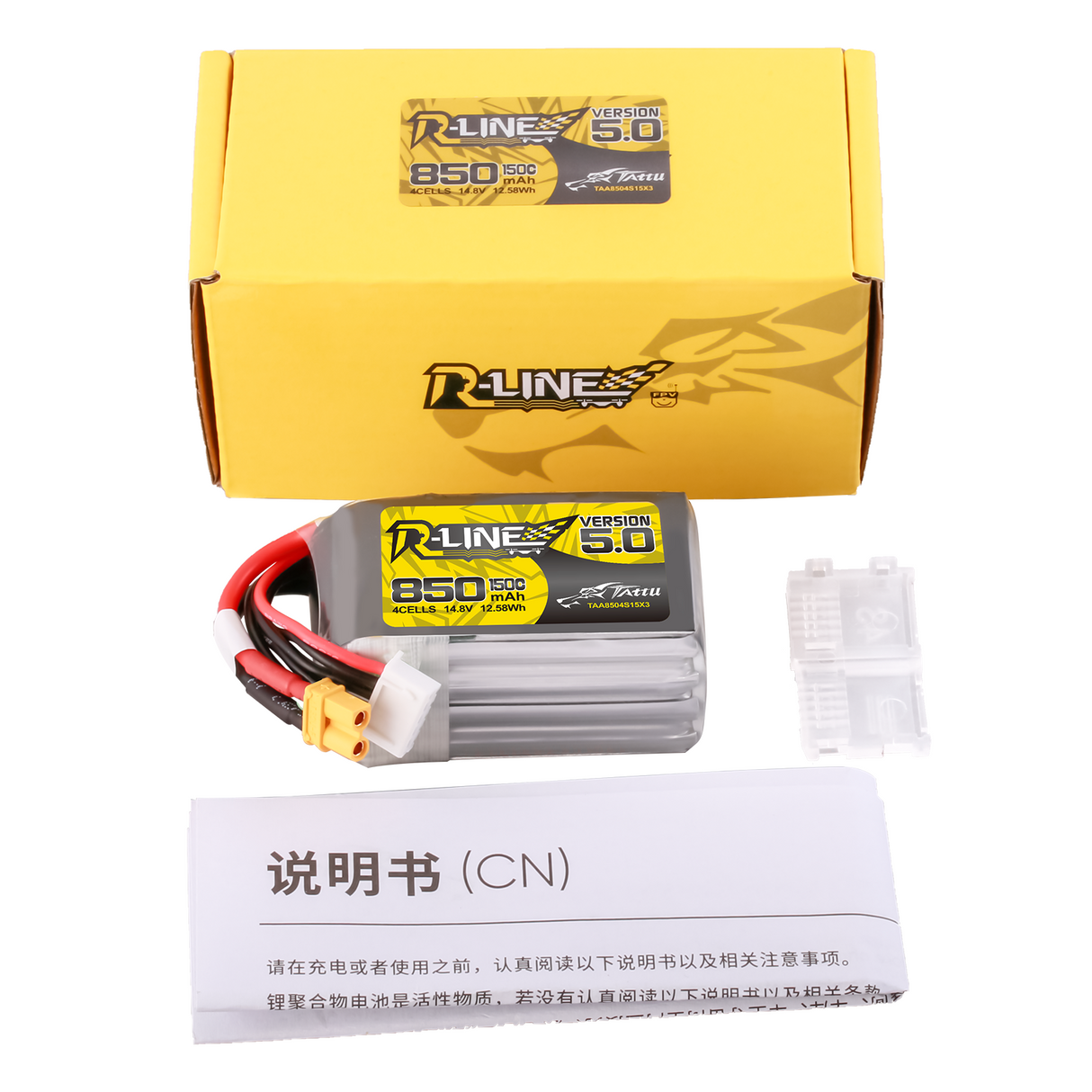 Tattu R-Line Version 5.0 850mAh 14.8V 4S 150C Lipo Battery Pack with XT30U-F Plug