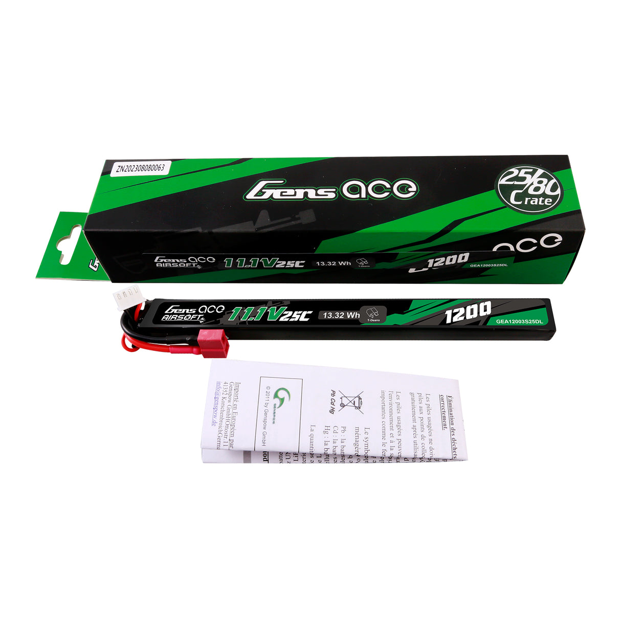 Gens Ace 25C 1200mAh 3S1P 11.1V Airsoft Gun Lipo Battery with Deans(T) Plug Long size