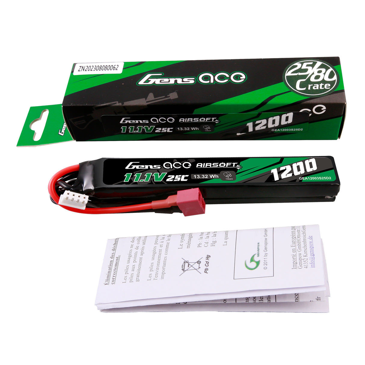 Gens Ace 25C 1200mAh 3S1P 11.1V Saddle Airsoft Gun Lipo Battery with T Plug