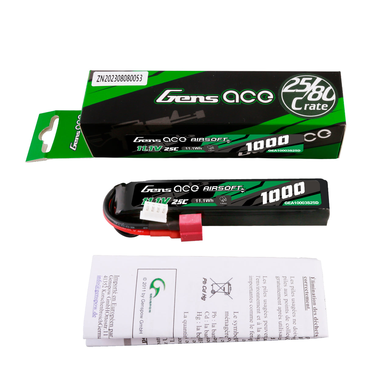 Gens ace 25C 1000mAh 3S1P 11.1V Airsoft Gun Lipo Battery with T Plug