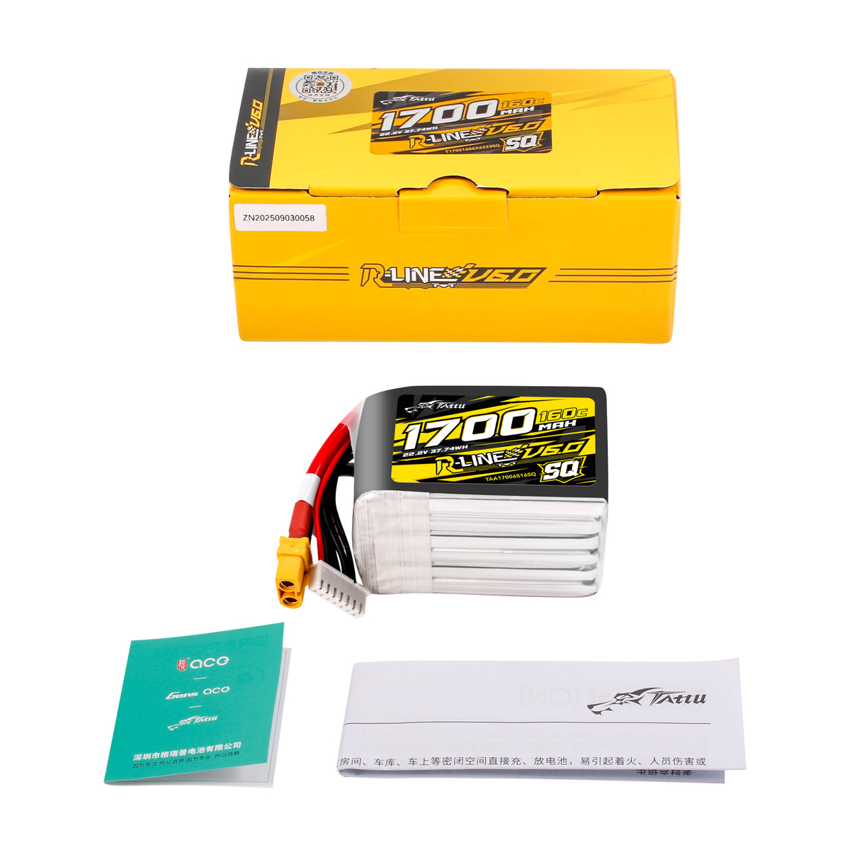 Tattu 1700mAh 6S 160C 22.2V SQ Lipo Battery | XT60 Plug | R-Line 6.0
