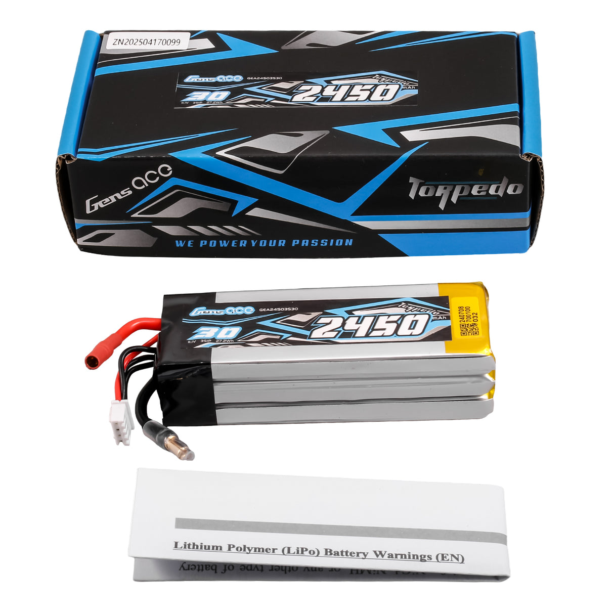 Gens Ace 30C 2450mAh 3S1P 11.1V  Lipo Battery with JST-XHR Plug(MINI-HYDRO)