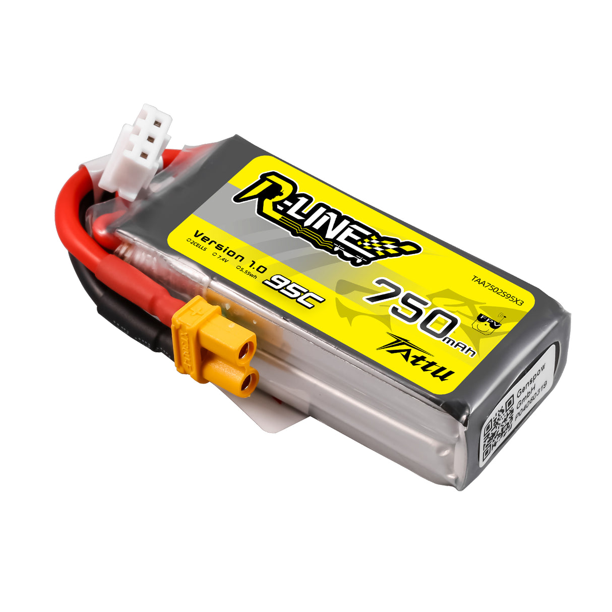 Tattu R-Line 750mAh 95C 7.4V 2S1P Lipo Battery Pack with XT30U-F Plug