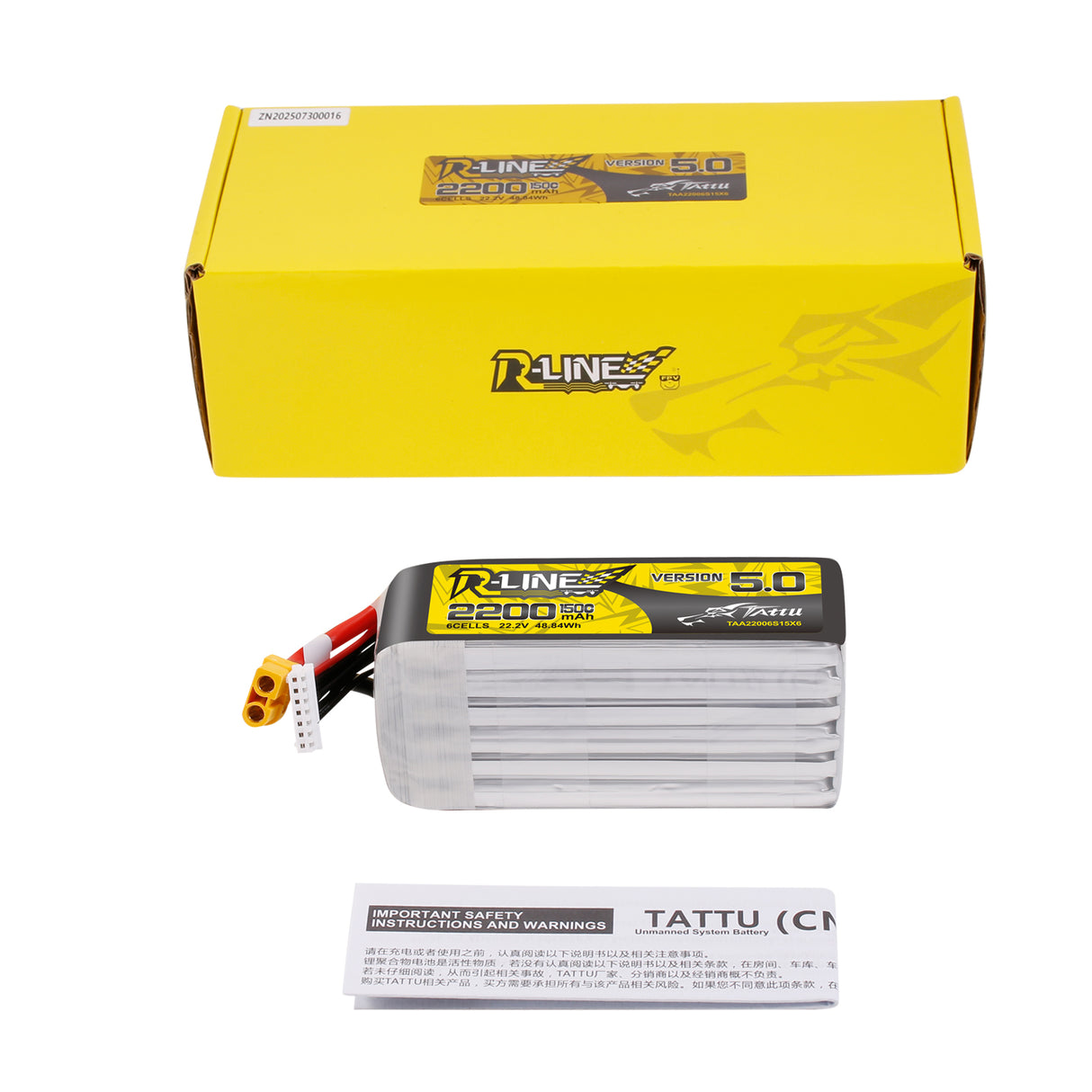 Tattu R-Line Version 5.0 22.2V 2200mah 6S 150C Lipo Battery with XT60U-F Plug
