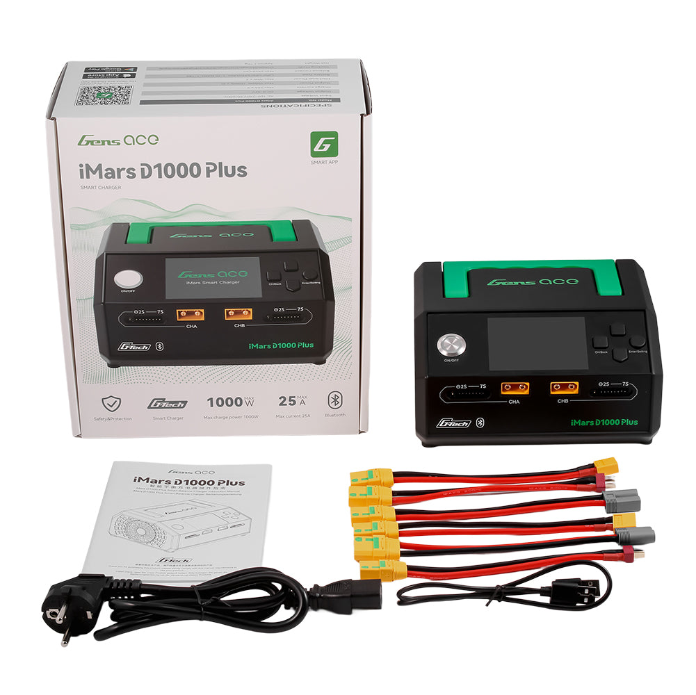 Gens ace D1000 Plus G-Tech Dual Channel Charger 25A*2 1000W for 1S-7S RC Model Battery-UK version