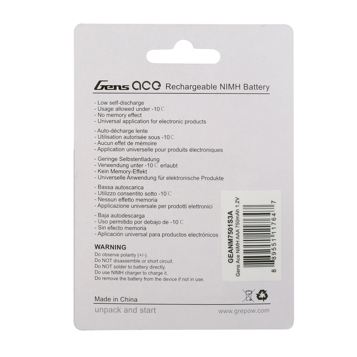 Gens Ace AAA NIMH 750mAh 1.2V Battery (4pcs) for Mini-Z