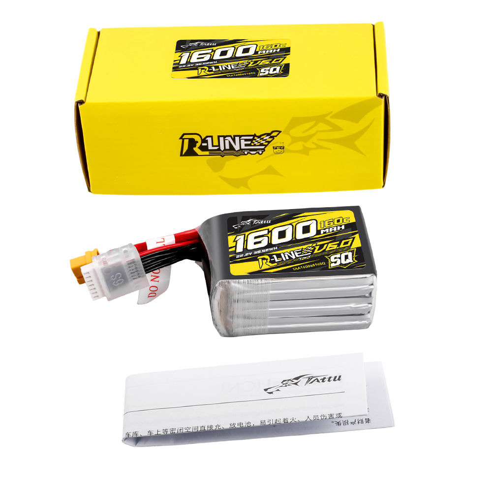 Tattu 1600mAh 6S 160C 22.2V SQ Lipo Battery | XT60 Plug | R-Line 6.0