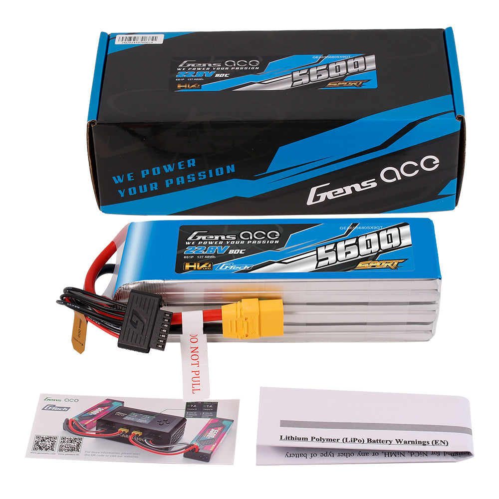 Gens Ace Sport G-Tech HV 5600mAh 22.8V 80C 6S Lipo Battery Pack with XT90 Plug(700 Helicopter)