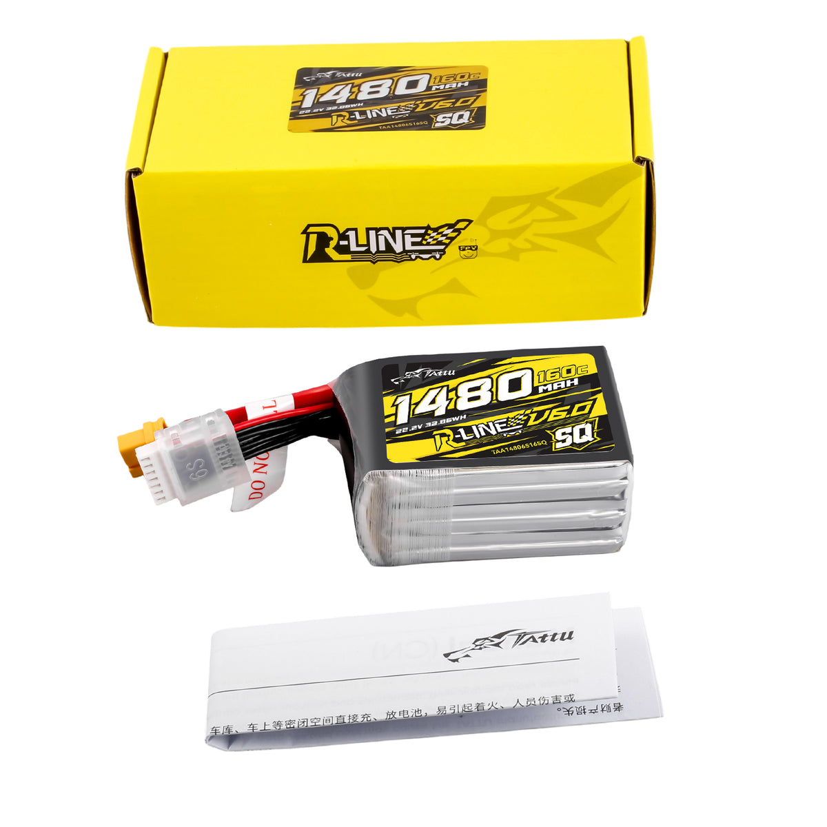 Tattu 1480mAh 6S 160C 22.2V SQ Lipo Battery | XT60 Plug | R-Line 6.0