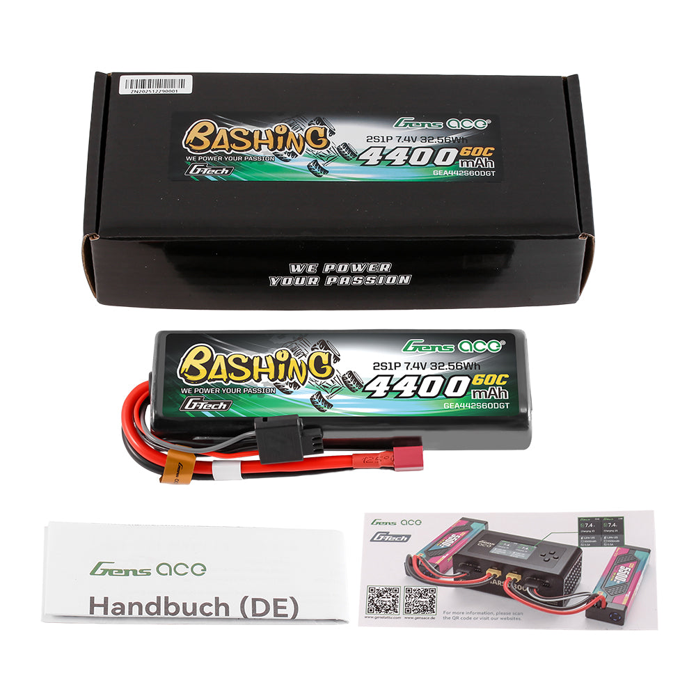 Gens ace Bashing G-Tech 4400mAh 7.4V 2S1P 60C RC Car Lipo Battery Pack Deans(T) Plug, Hardcase 759-17#