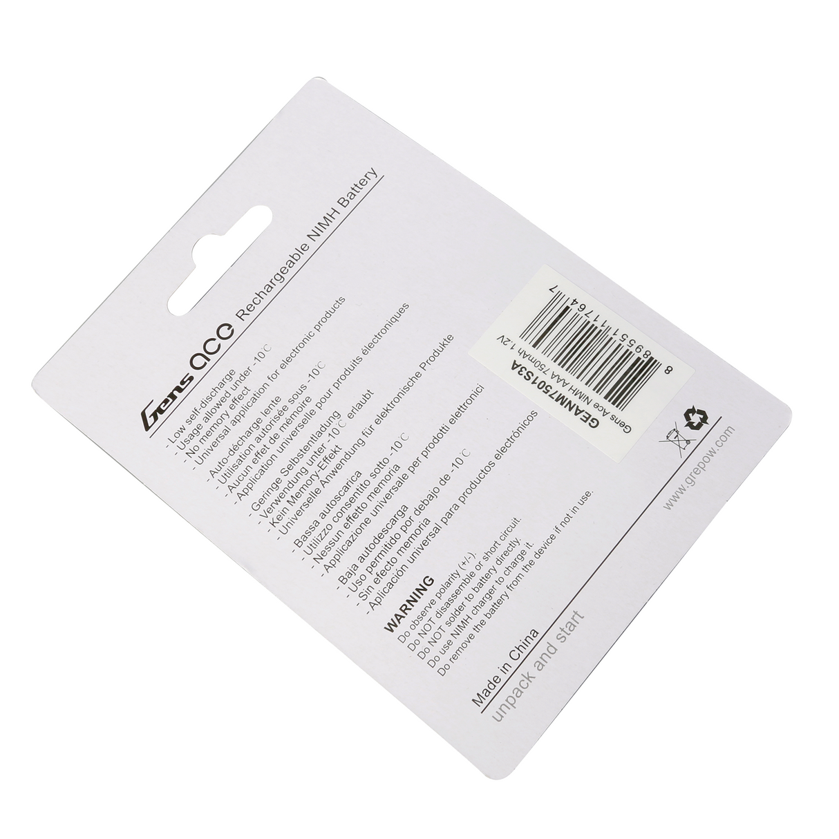 Gens Ace AAA NIMH 750mAh 1.2V Battery (4pcs) for Mini-Z