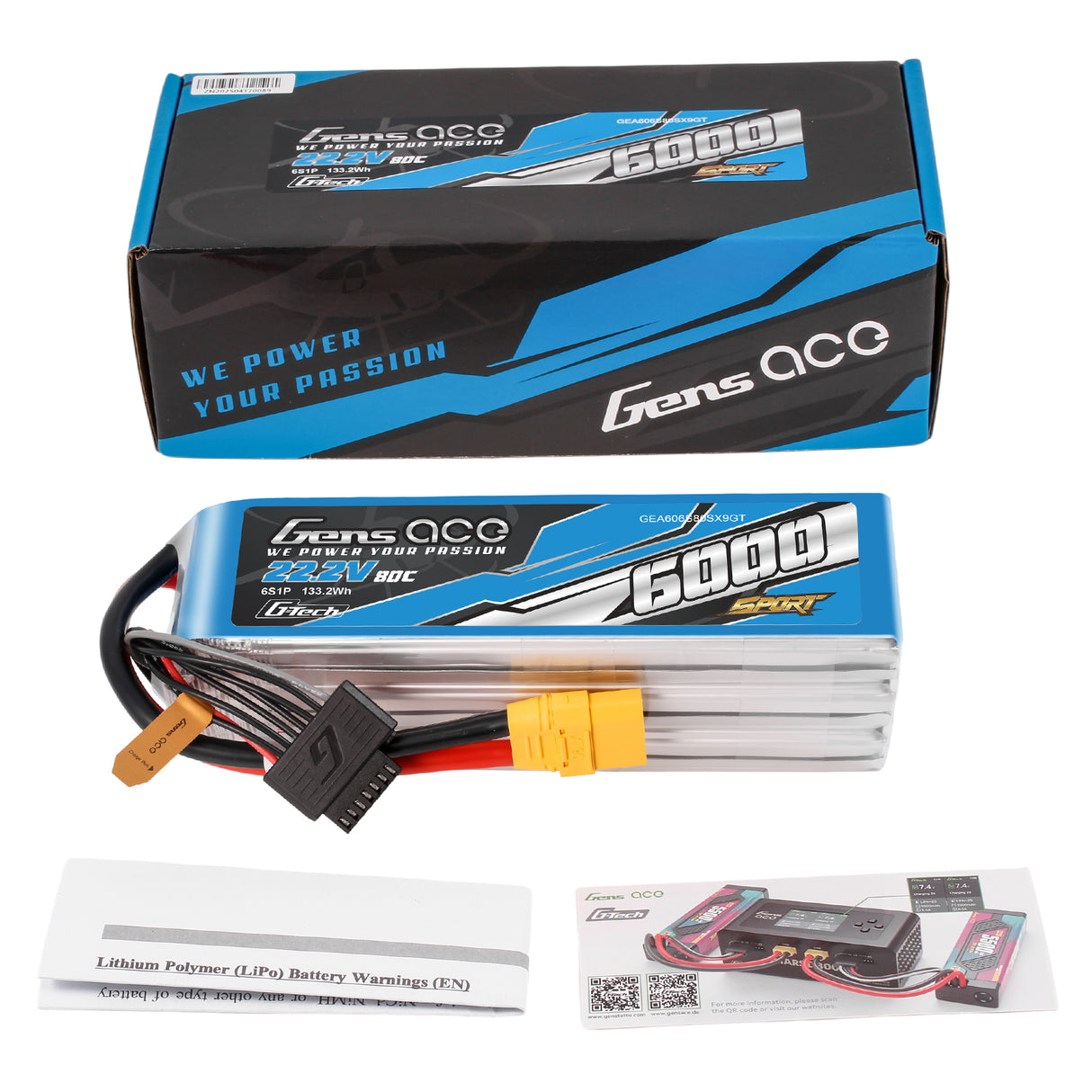 Gens Ace Sport G-Tech 6000mAh 22.2V 80C 6S1P Battery Pack with XT90 plug (700 Helicopter)