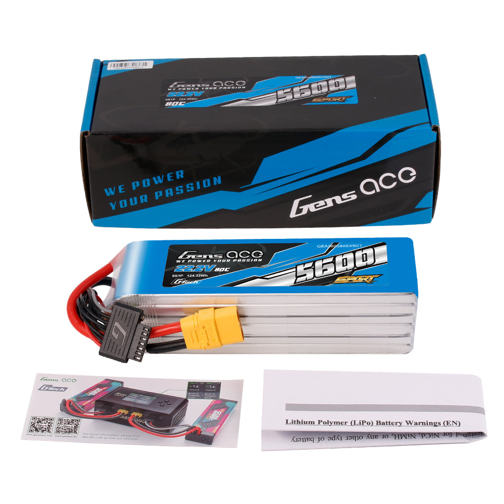 Gens Ace Sport G-Tech 5600mAh 22.2V 80C 6S1P Lipo Battery Pack with XT90 Plug (700 Helicopter)