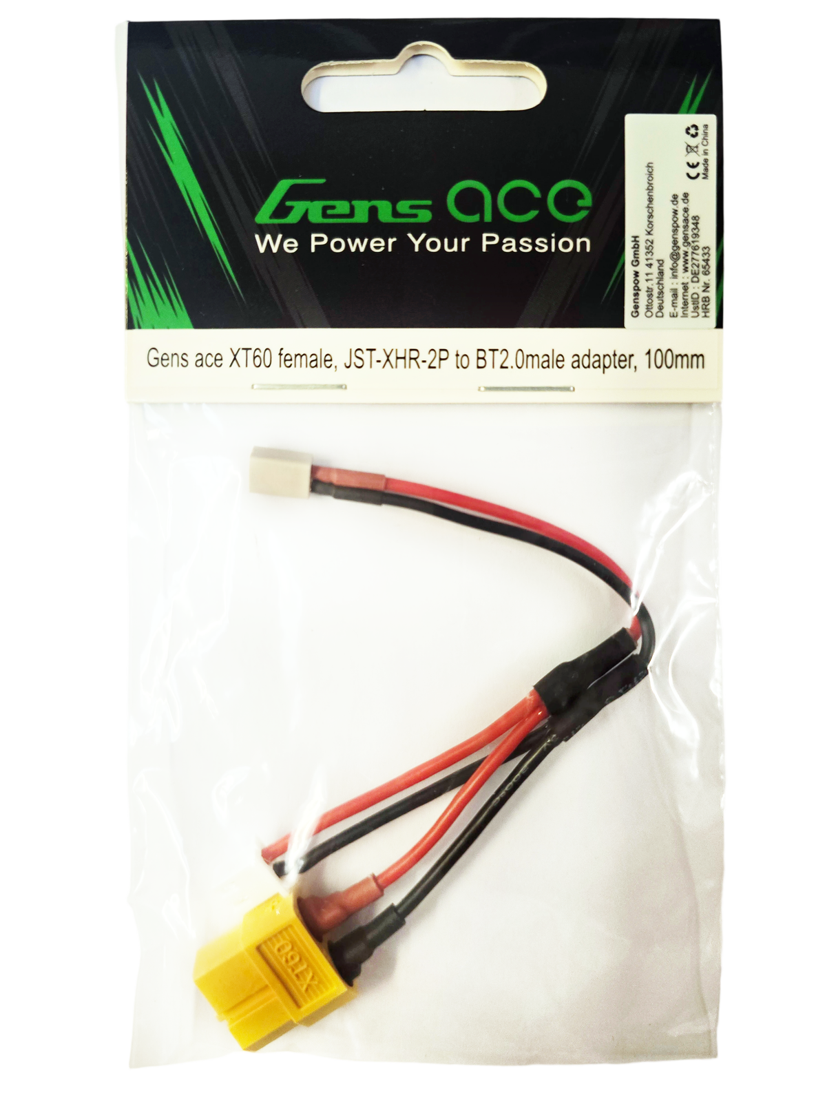 Gens ace XT60 female, JST-XHR-2P to BT2.0 male adapter, 100mm