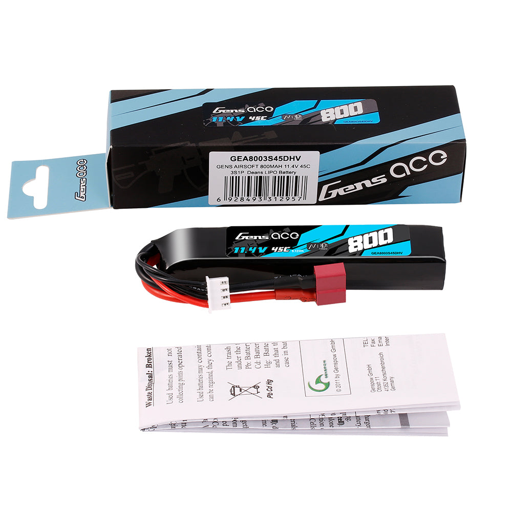 Gens Ace LIPO 800mAh 11.4V 45C 3S1P Deans(T) High Voltage LIPO Battery Pack