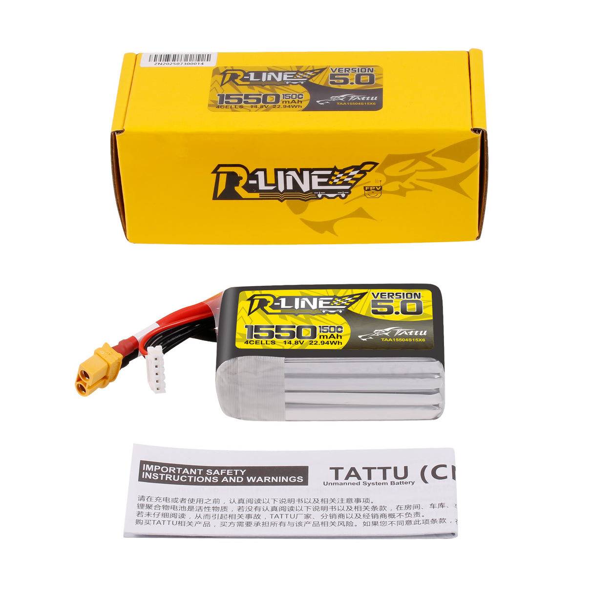 Tattu R-Line Version 5.0 1550mAh 14.8V 150C 4S1P Lipo Battery Pack with XT60 Plug