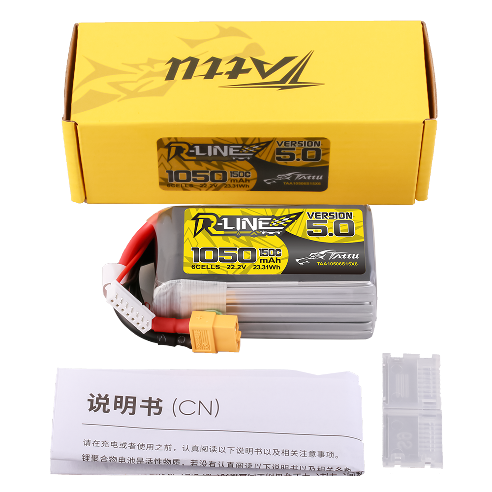 Tattu R-Line Version 5.0 1050mAh 22.2V 6S 150C Lipo Battery Pack with XT60 Plug for racing