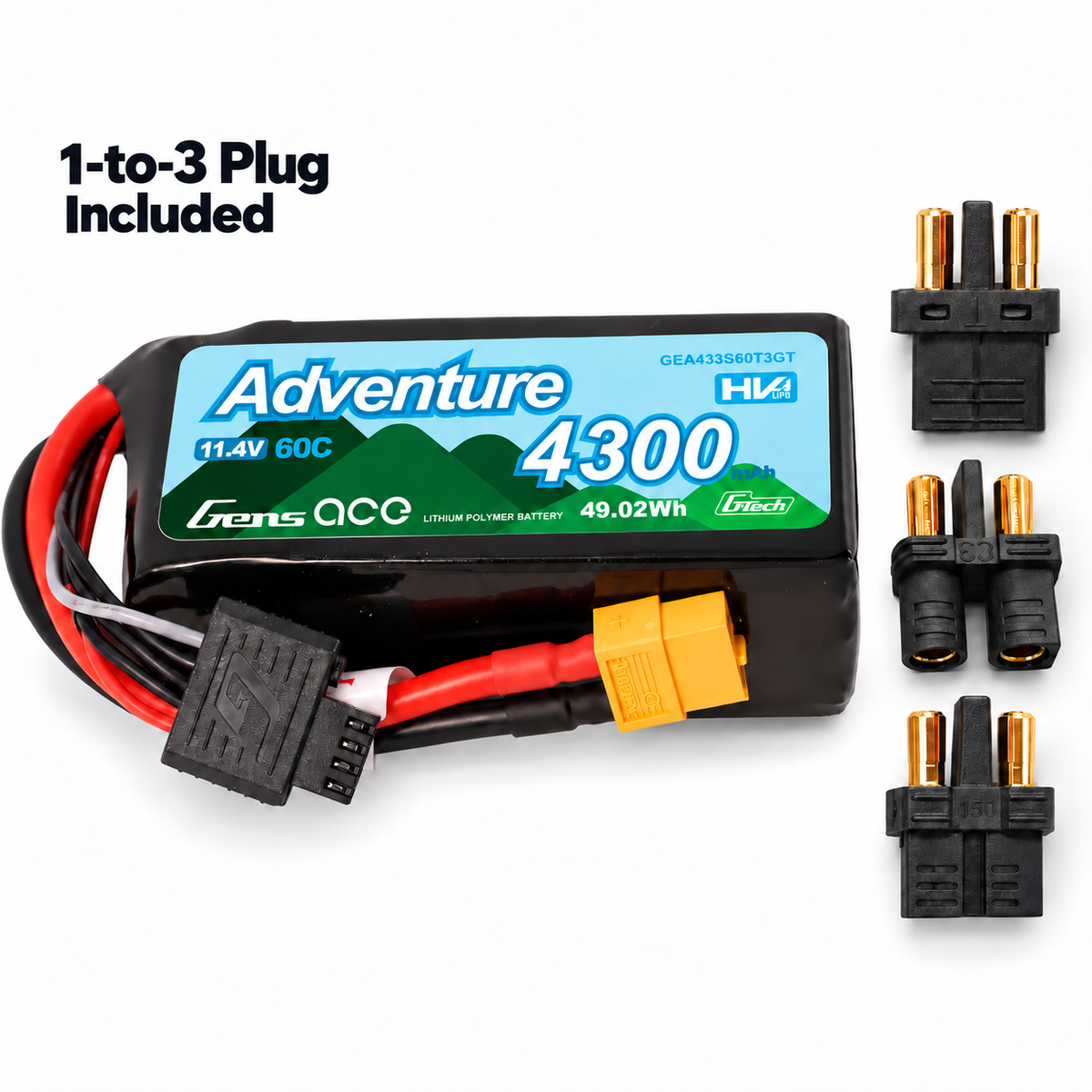 Batterie LiPo Gens ace 4300mAh 3S 60C HV avec XT60 et prise 1To3 | Série Adventure | G-Tech