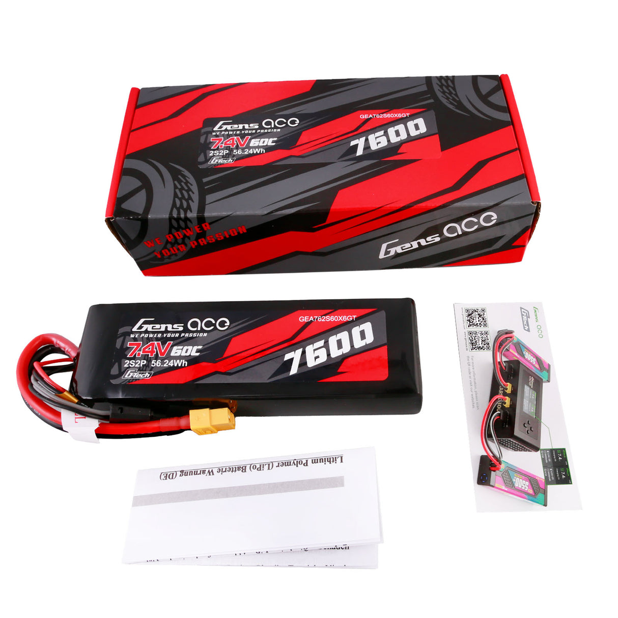 Gens ace G-Tech 7600mAh 7.4V 60C 2S2P Lipo Battery PC material case with XT60 Plug