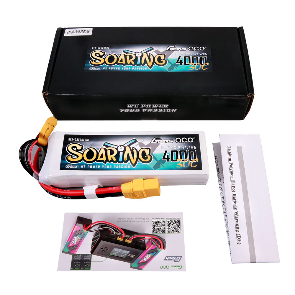 Gens ace G-Tech Soaring 4000mAh 11.1V 30C 3S1P Lipo Battery Pack with XT90 plug Gens ace G-Tech Soaring 4000mAh 11.1V 30C 3S1P Lipo Battery Pack with XT90 plug