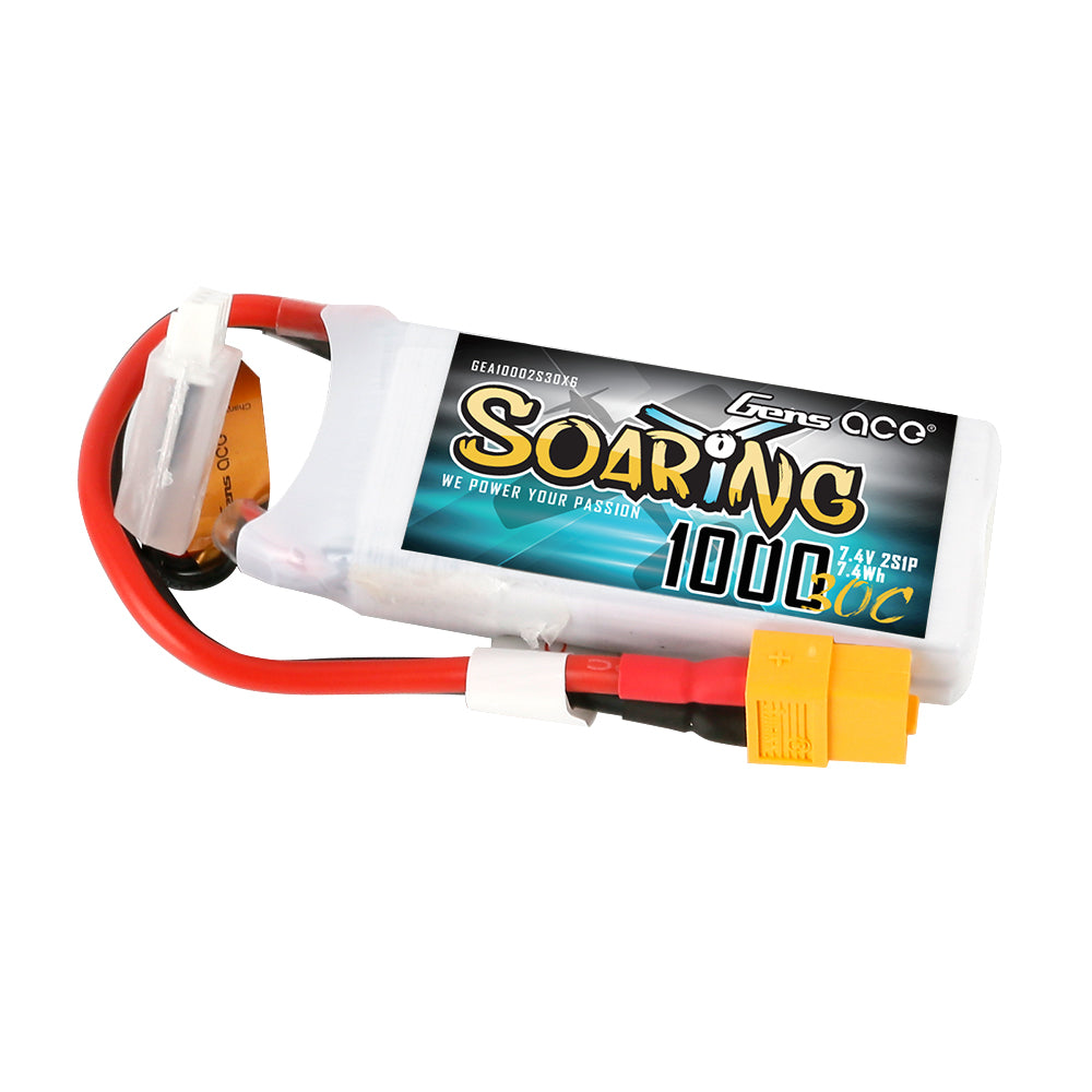 Gens ace Soaring 1000mAh 7.4V 30C 2S1P Lipo Battery Pack with XT60 Plug