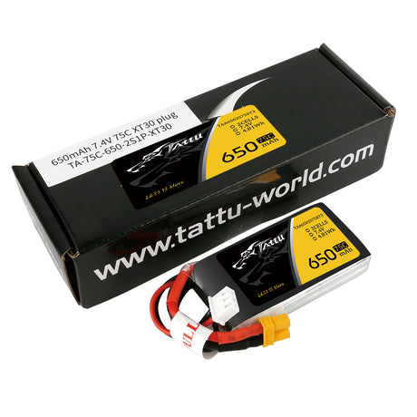 Tattu 650mAh 2S1P 75C 7,4V Lipo-Akkupack mit XT30-Stecker