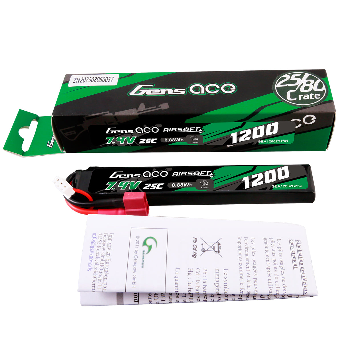 Gens ace 25C 1200mAh 2S1P 7.4V Airsoft Gun Lipo Battery with T Plug
