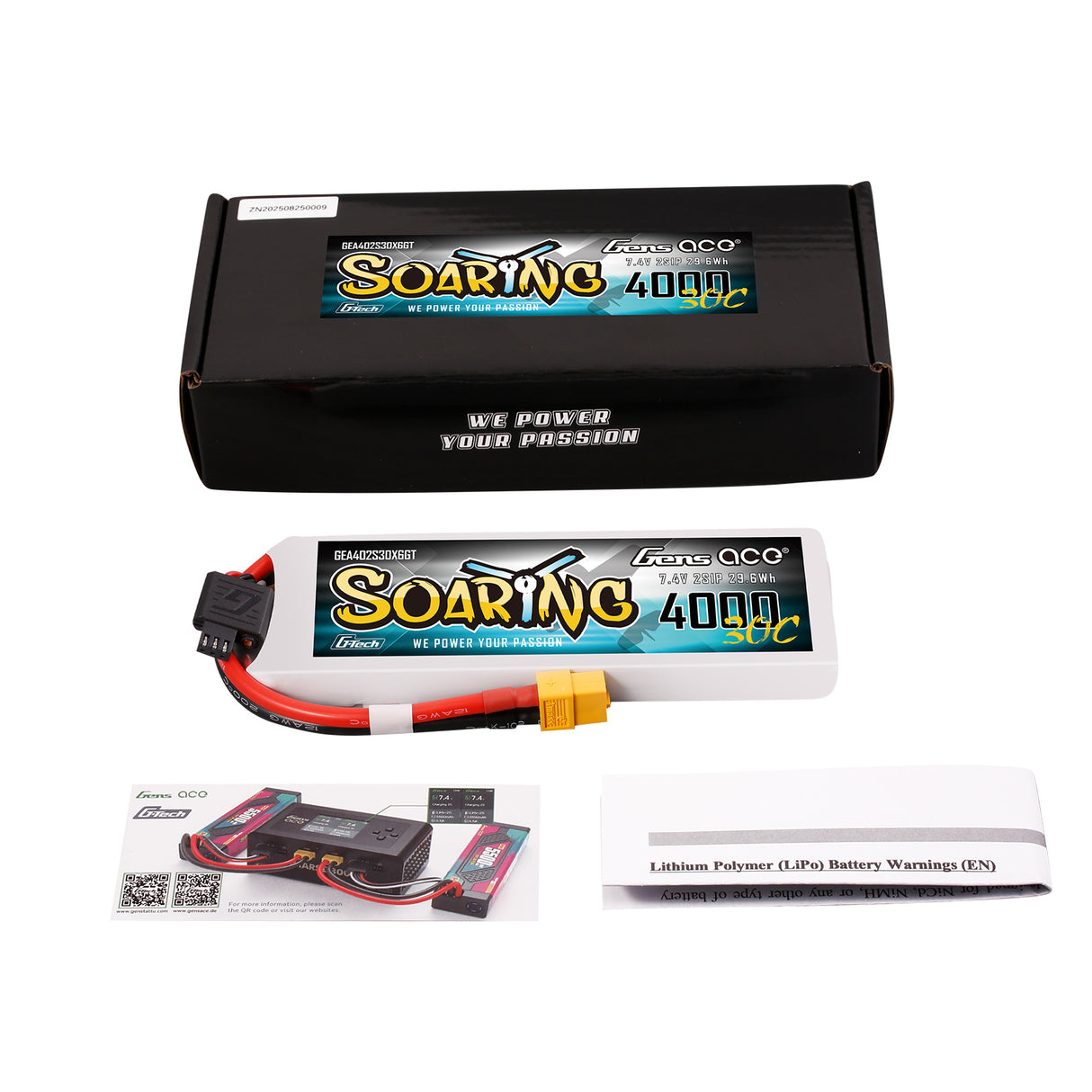 Gens ace 4000mAh 2S 30C Lipo Battery with XT60 | Soaring Series | G-Tech