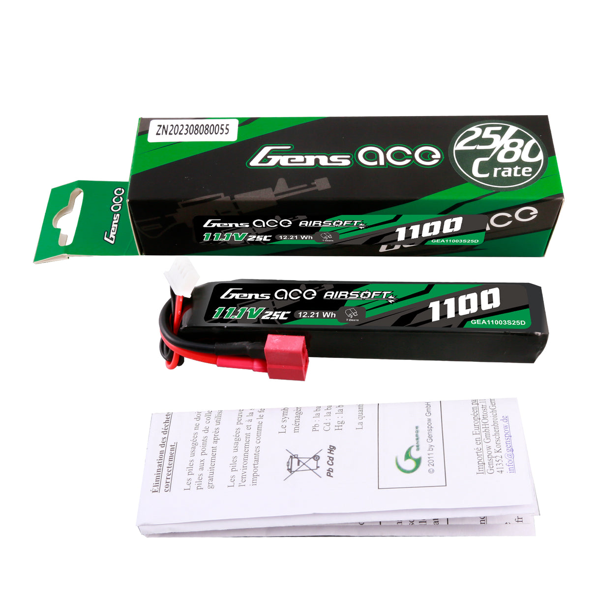 Gens ace 25C 1100mAh 3S1P 11.1V Airsoft Gun Lipo Battery with T Plug