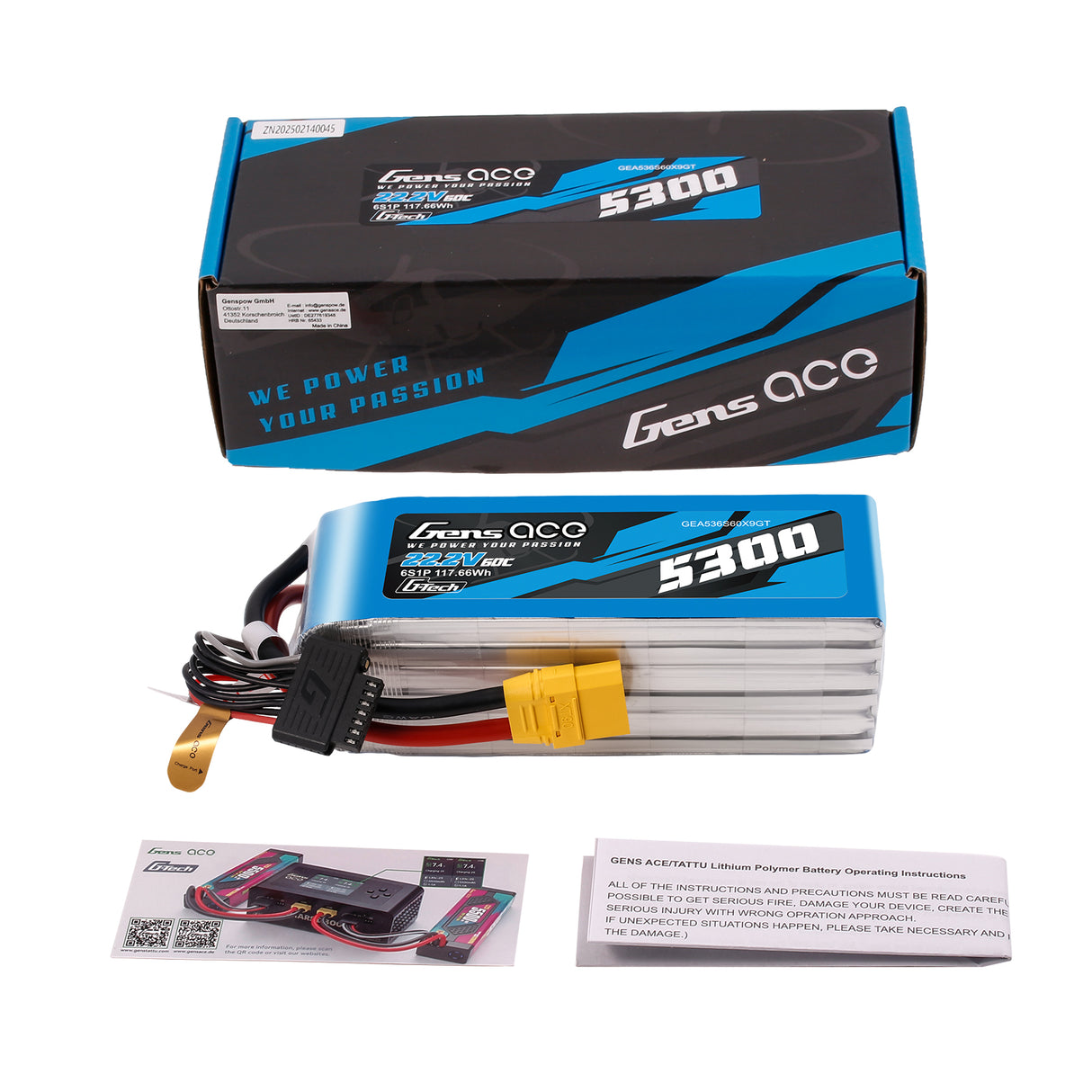 Gens Ace G-Tech 5300mAh 22.2V 60C 6S1P Battery Pack with XT90 plug