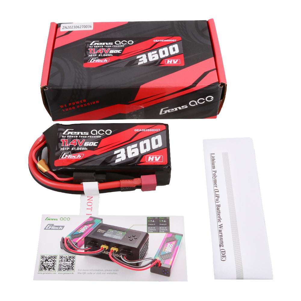 Gens ace 3600mAh 11.4V 3S1P 60C High Voltage Lipo Battery Pack with T-plug Gens ace 3600mAh 11.4V 3S1P 60C High Voltage Lipo Battery Pack with T-plug