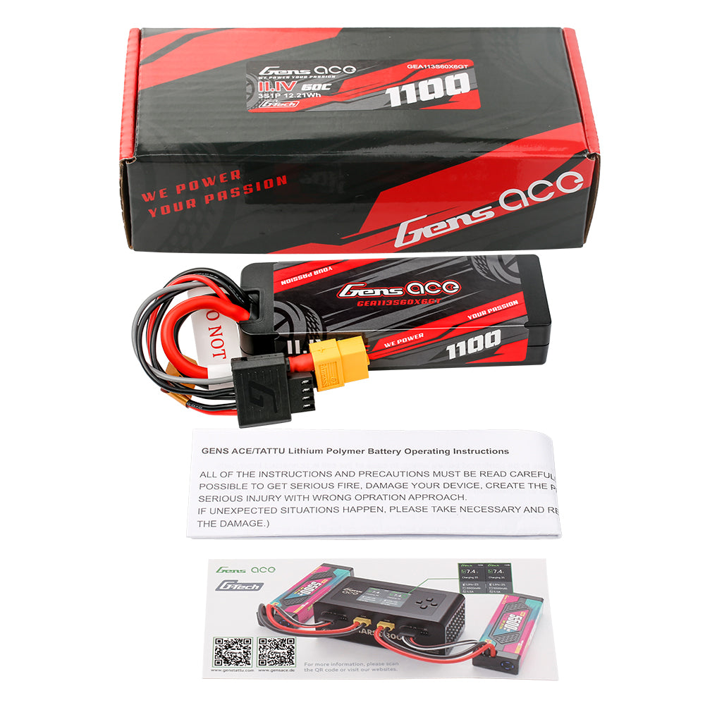 Gens ace G-Tech 1100mAh 11.1V 3S1P 60C GRP-76 Hardcase Lipo Battery Pack with XT60 Plug Gens ace G-Tech 1100mAh 11.1V 3S1P 60C GRP-76 Hardcase Lipo Battery Pack with XT60 Plug