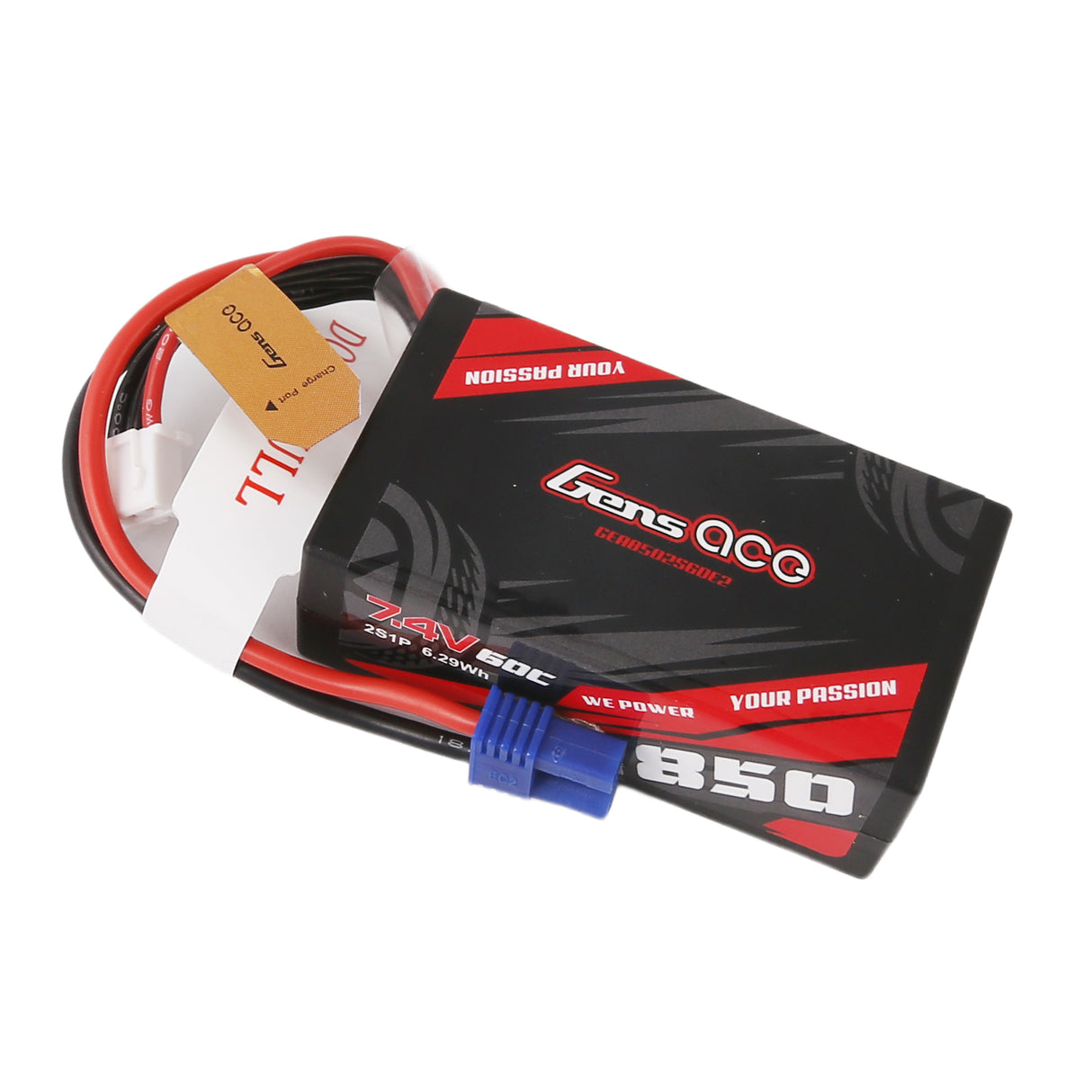 Gens ace 850mAh 7.4V 2S1P 60C Lipo Battery Pack with EC2 Plug