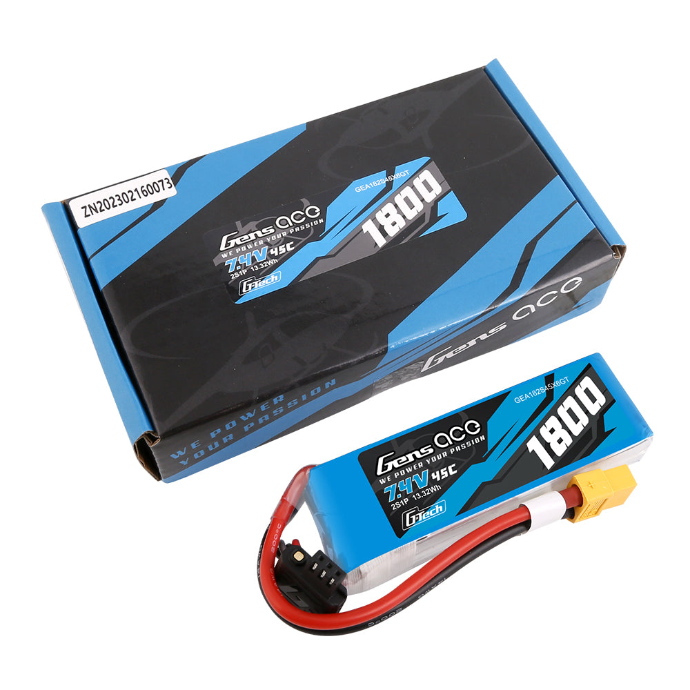 Gens ace G-Tech 1800mAh 7.4V 45C 2S1P Lipo Battery Pack with XT60 Plug Gens ace G-Tech 1800mAh 7.4V 45C 2S1P Lipo Battery Pack with XT60 Plug