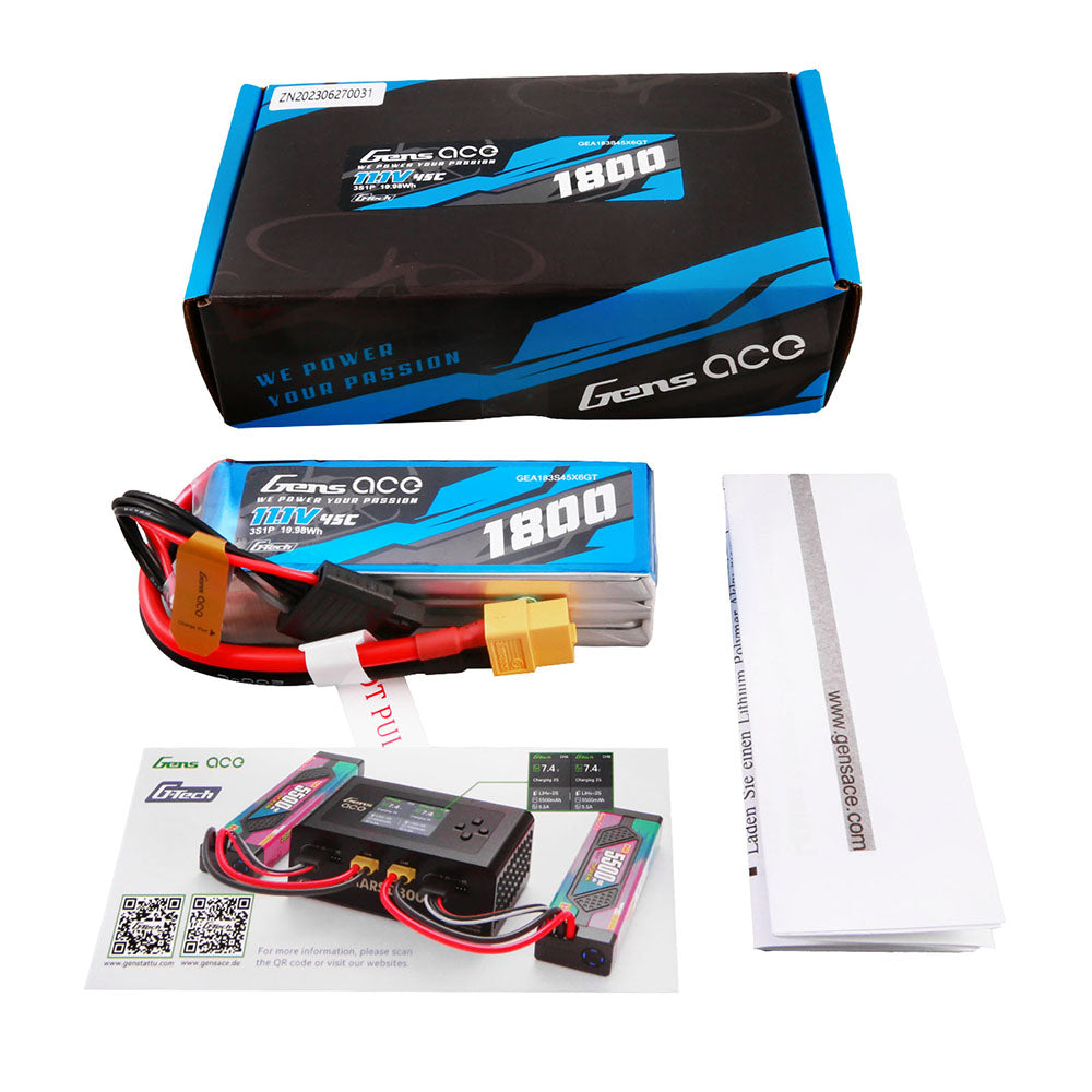 Gens ace G-Tech 1800mAh 11.1V 45C 3S1P Lipo Battery Pack with XT60 Plug