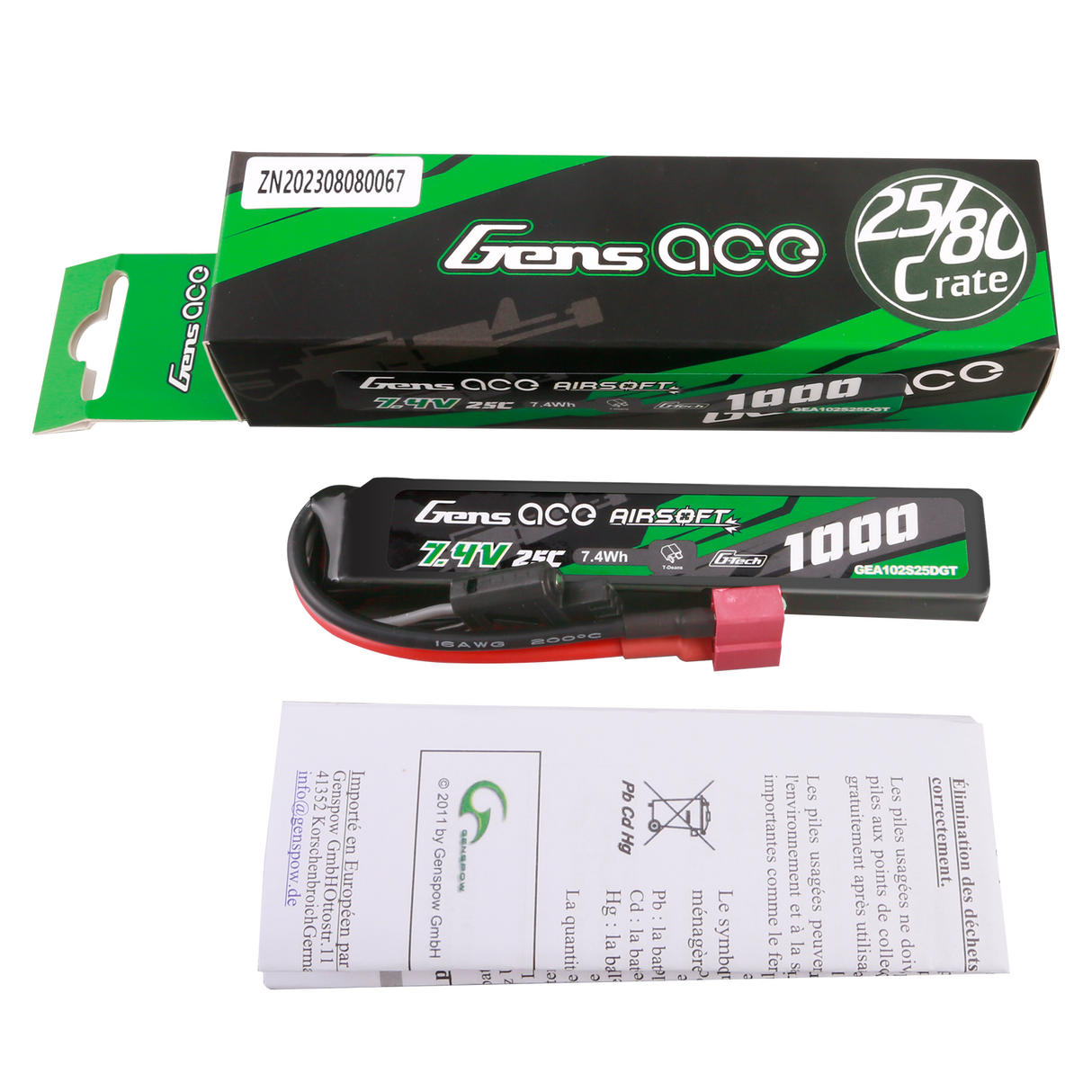 Gens ace G-Tech 25C 1000 mAh 2S1P 7,4 V Airsoft Gun Lipo Akku mit T-Stecker