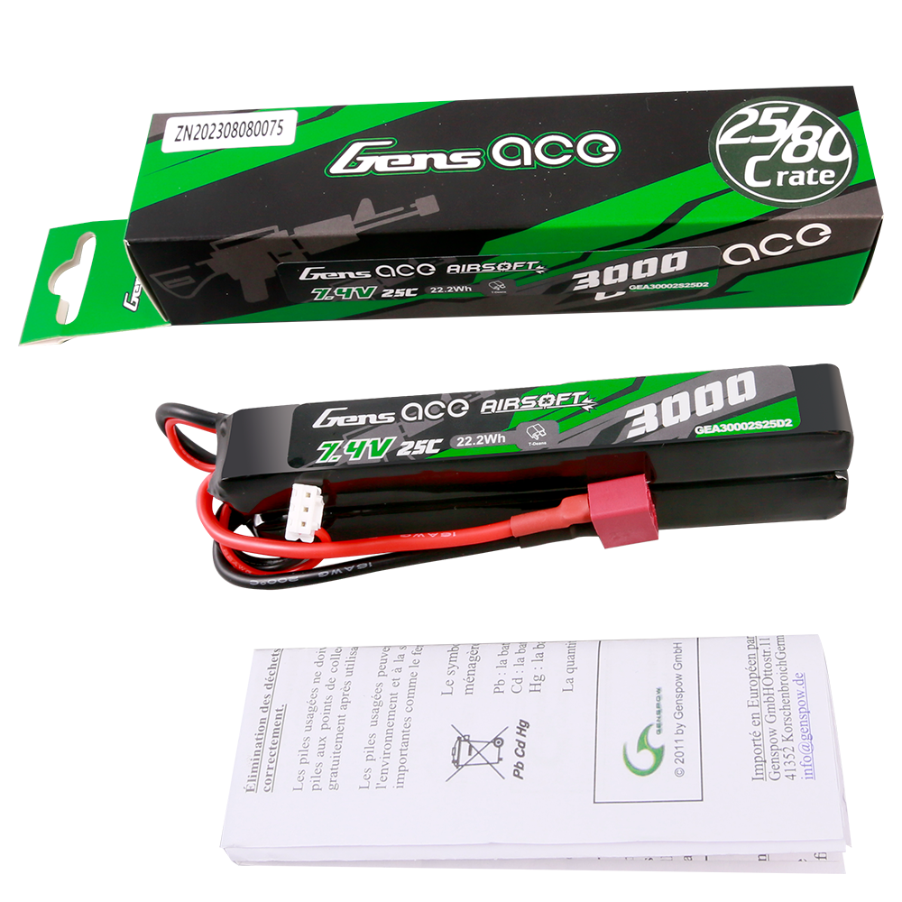 Gens ace 25C 3000mAh 2S2P 7.4V Saddle Airsoft Gun Lipo Battery with Mini Deans(T) Plug