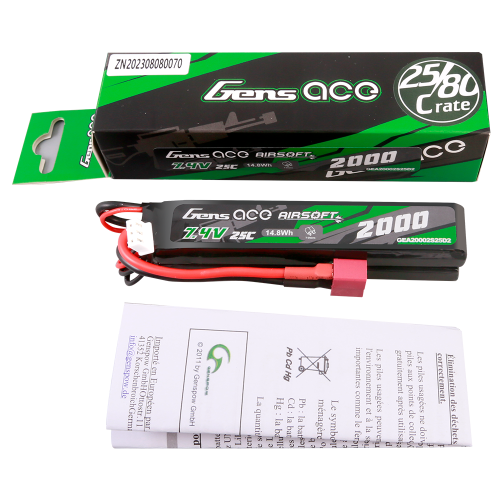 Gens Ace 25C 2000mAh 2S2P 7.4V Saddle Airsoft Gun Lipo Battery with Mini Deans(T) Plug