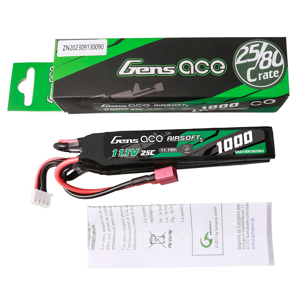 Gens ace 25C 1000 mAh 3S1P 11,1 V Nunchuck 3X Airsoft Gun Lipo Akku mit T-Stecker