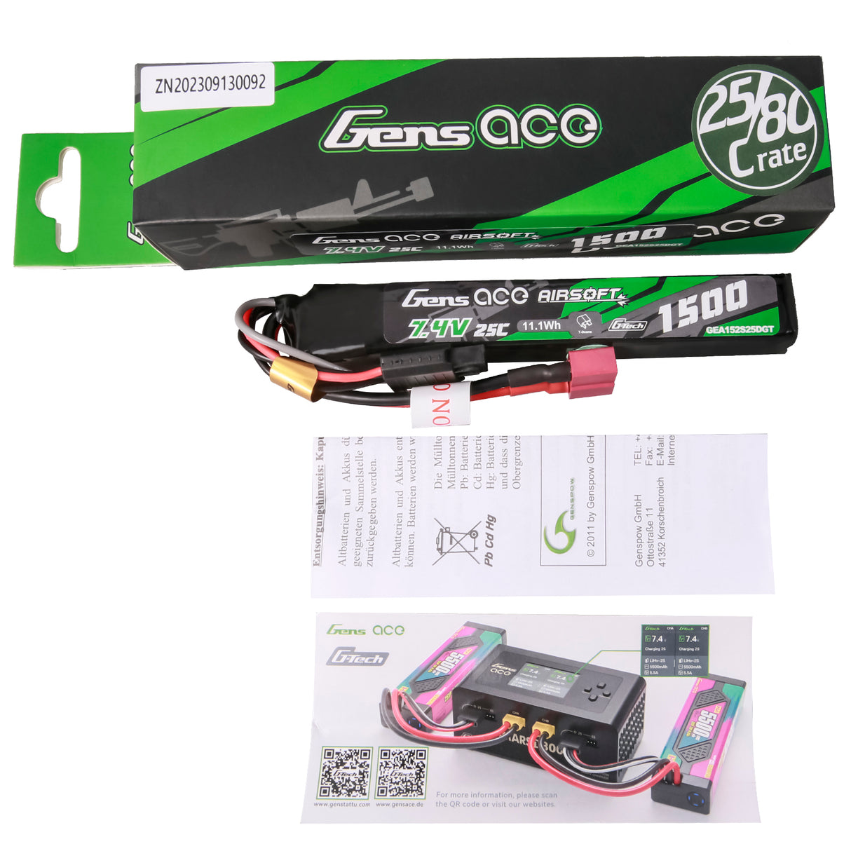 Gens ace G-Tech 25C 1500 mAh 2S1P 7,4 V Airsoft Gun Lipo Akku mit T-Stecker