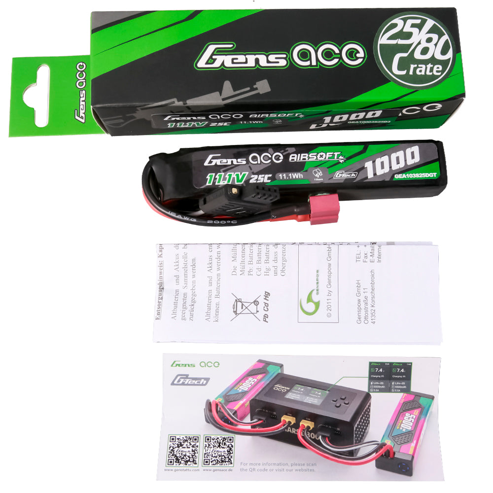 Gens ace G-Tech 25C 1000 mAh 3S1P 11,1 V Airsoft-Waffe Lipo-Akku mit T-Stecker