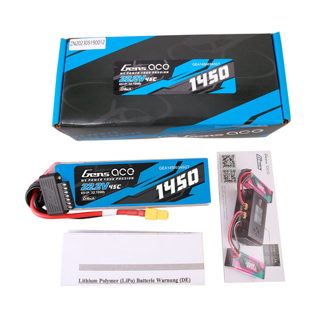 Gens Ace G-Tech 1450 mAh 22,2 V 45 C 6S1P Lipo-Akkupack mit XT60-Stecker