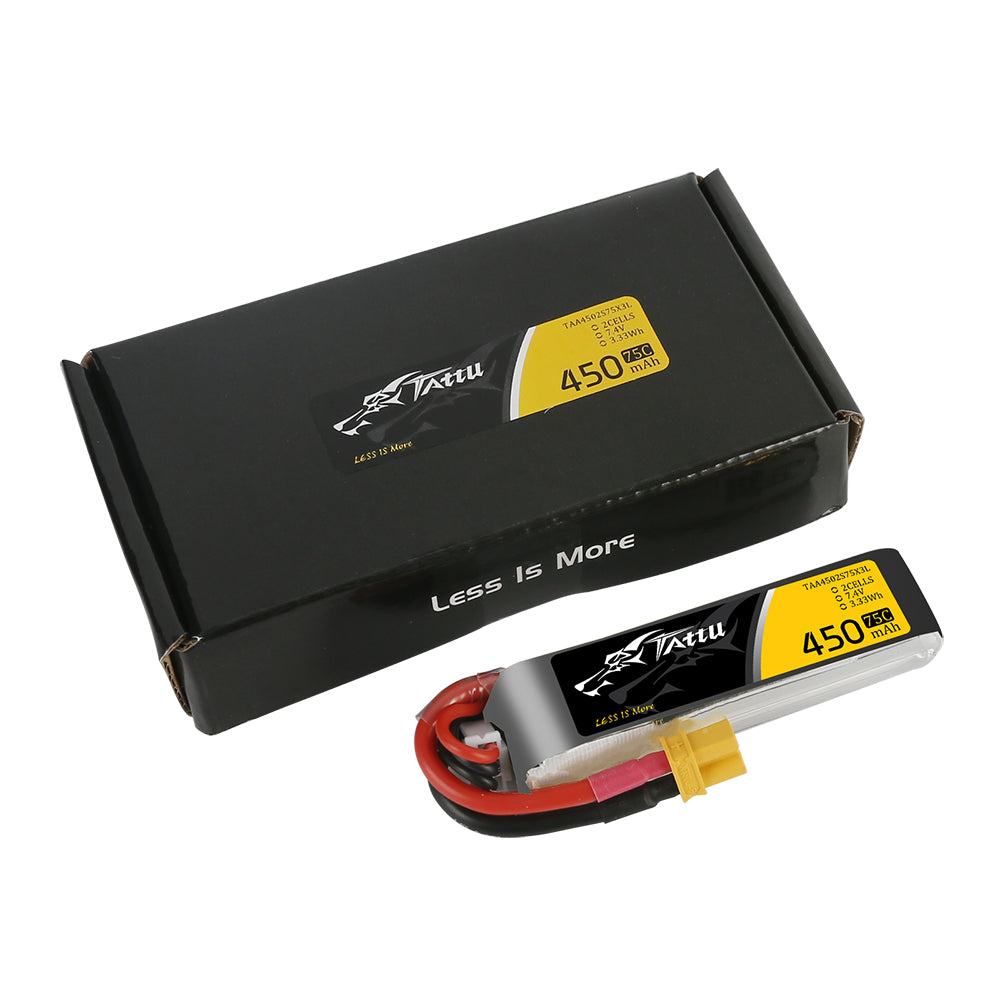 Tattu 450 mAh 2S 75C 7,4 V Lipo-Akkupack mit XT30-Stecker, lange Größe