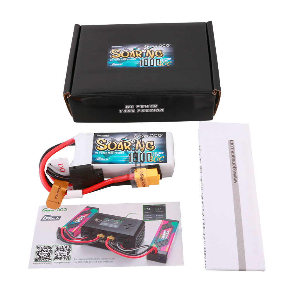 Gens ace G-Tech Soaring 1000mAh 11.1V 30C 3S1P Lipo Battery Pack with XT60 Plug Gens ace G-Tech Soaring 1000mAh 11.1V 30C 3S1P Lipo Battery Pack with XT60 Plug