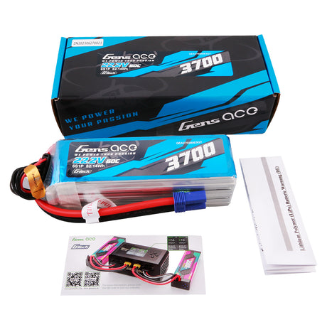 Gens ace G-Tech 3700mAh 22.2V 60C 6S1P Lipo Battery Pack with EC5 Plug