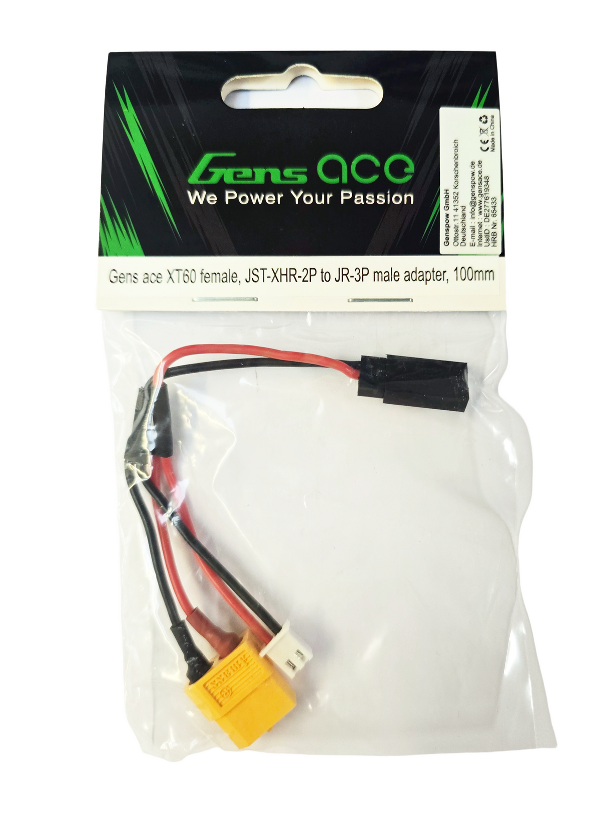 Gens ace XT60 female, JST-XHR-2P to JR-3P male adapter, 100mm