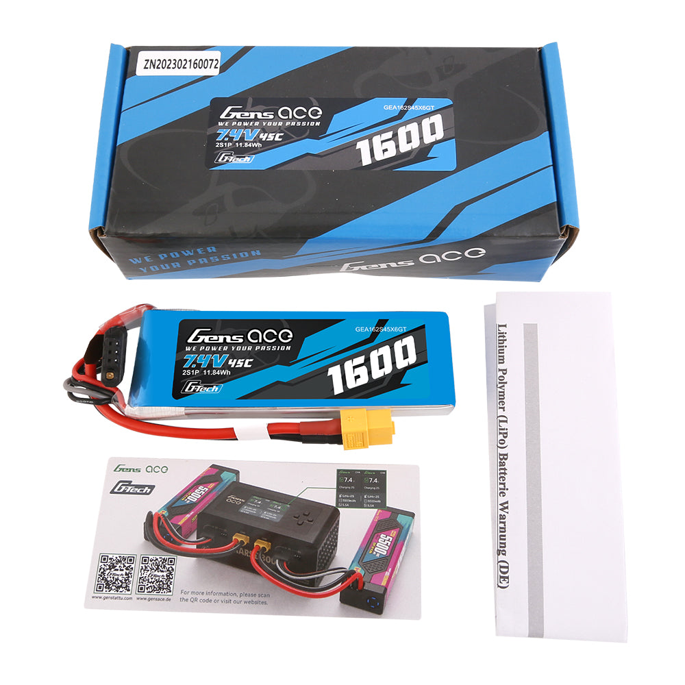 Gens ace G-Tech 1600mAh 7.4V 45C 2S1P Lipo Battery Pack with XT60 Plug Gens ace G-Tech 1600mAh 7.4V 45C 2S1P Lipo Battery Pack with XT60 Plug