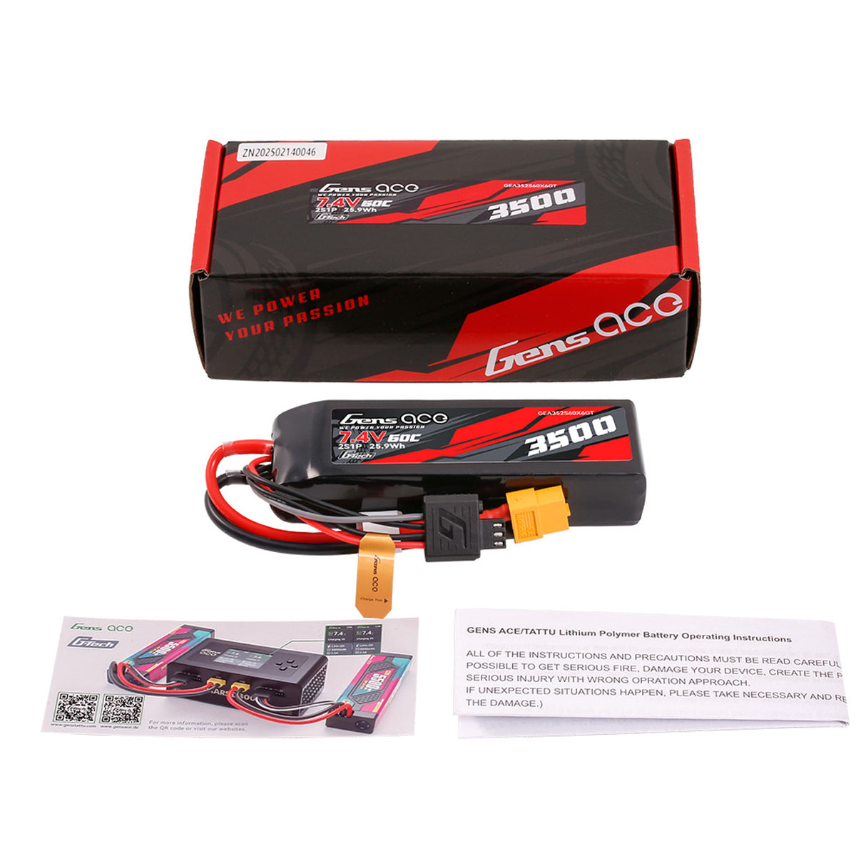 Gens ace G-Tech 3500mAh 2S1P 7.4V 60C Lipo Battery with XT60 plug